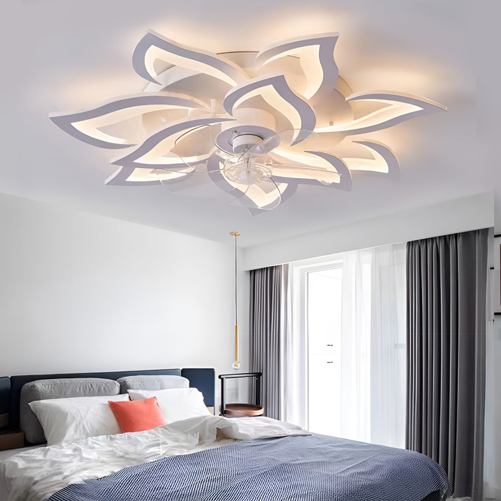 Ventilateur de plafond LED nordique créatif en forme de fleur à trois niveaux de variation d'intensité