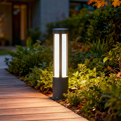 Borne lumineuse cylindrique à LED noire moderne pour aménagement paysager extérieur