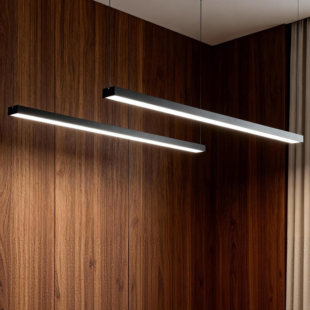 Lot de 6 suspensions lumineuses LED linéaires rectangulaires en aluminium de 47 pouces, style moderne, pour bureau.