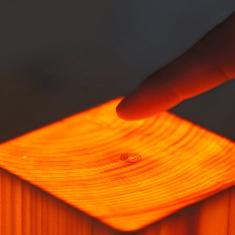 Solid Wood Geometric Cordless Table Lamp with Touch Dimmer for Living Room & Bedside