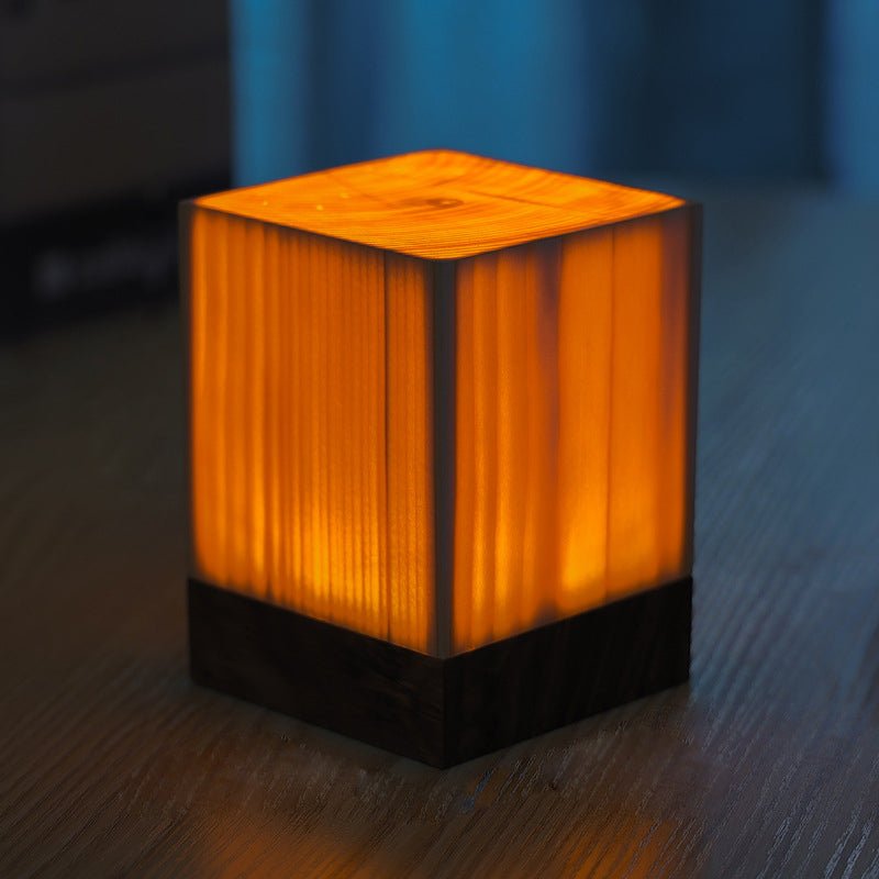 Solid Wood Geometric Cordless Table Lamp with Touch Dimmer for Living Room & Bedside