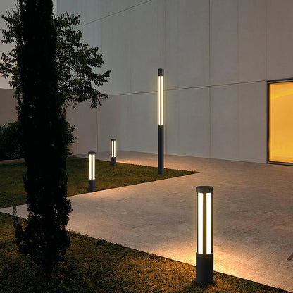 Borne lumineuse cylindrique à LED noire moderne pour aménagement paysager extérieur