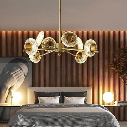 Modern Brass LED Chandelier with Ring Crystal Shades