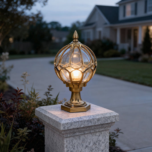 Outdoor Globe Pillar Lights Retro Glass Globe Copper Fence Post Light